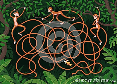 Three orange monkeys with long tails hang from vines in the dark jungle. Guess which monkey grabbed a banana with its tail? Vector Illustration